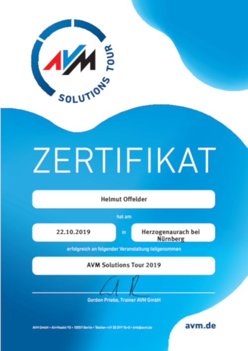 Teilnahmezertifikat AVM solutions tour Helmut Offelder (2019)
