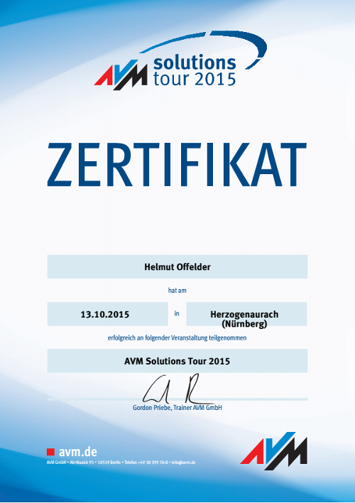 Teilnahmezertifikat AVM solutions tour Helmut Offelder (2015)