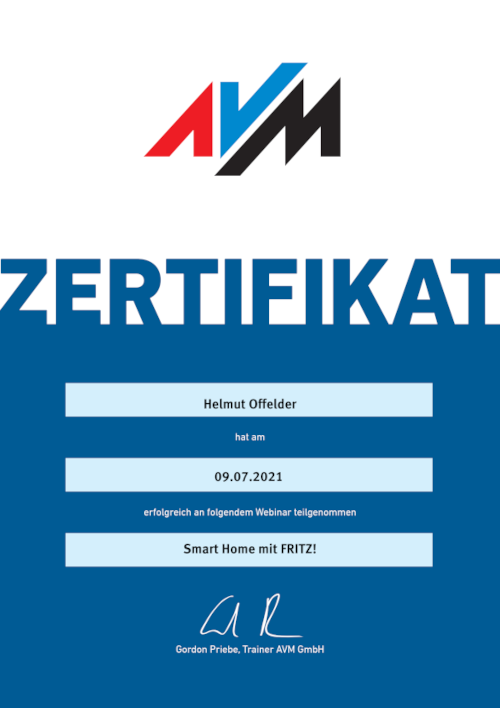 Teilnahmezertifikat Smart Home mit FRITZ! (Webinar 2021)