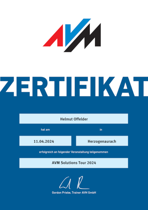 Teilnahmezertifikat AVM Solutions Tour 2024