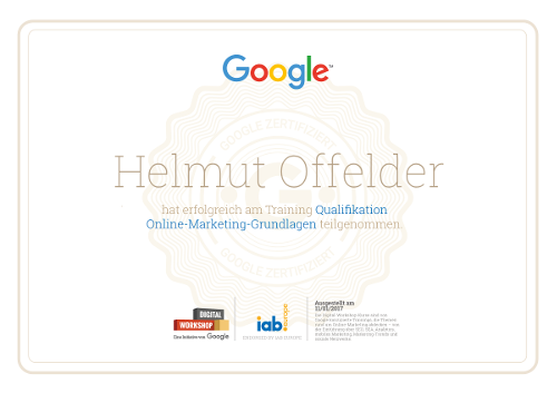 Google Zertifikat Online-Marketing für Helmut Offelder (2017)