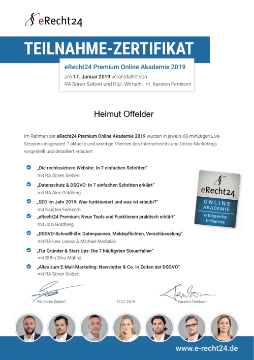 Teilnahmezertifikat eRecht24 Premium Online Akademie | Helmut Offelder (2019)