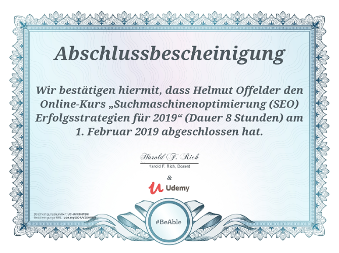 Teilnahmezertifikat Suchmaschinenoptimierung (SEO) Erfolgsstrategien für 2019| Helmut Offelder